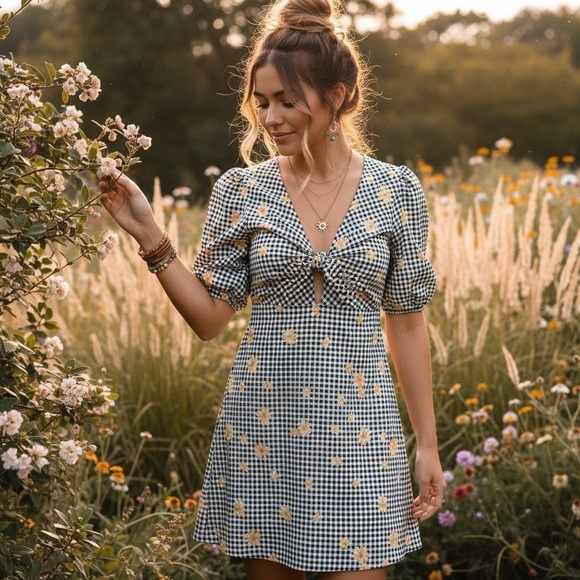 En Saison Dresses & Skirts - En Saison Gingham Daisy Floral Cut-Out Dress Puff Sleeve Boho Cottagecore Girly